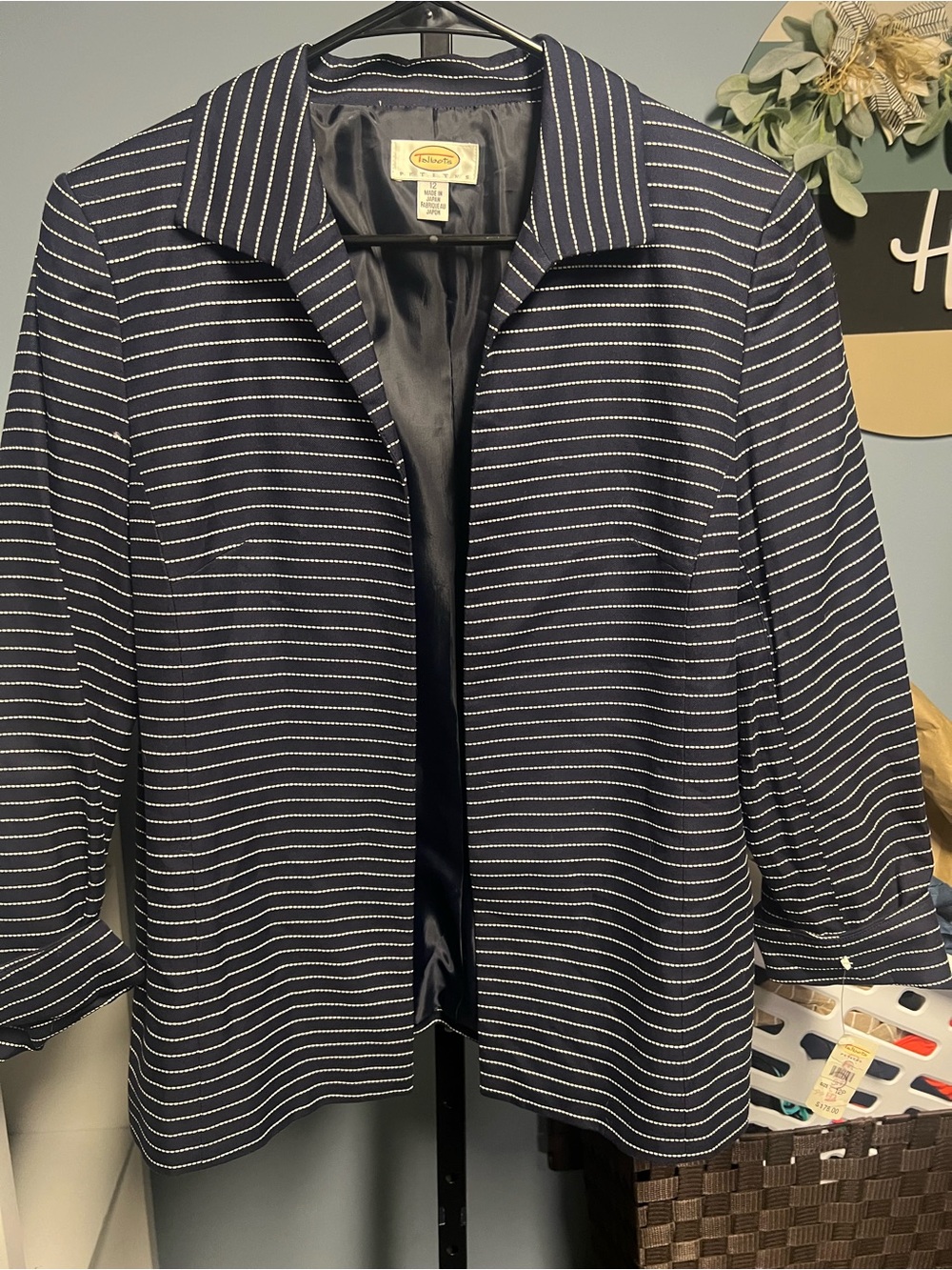 Talbots Navy and White Striped Open Front Blazer